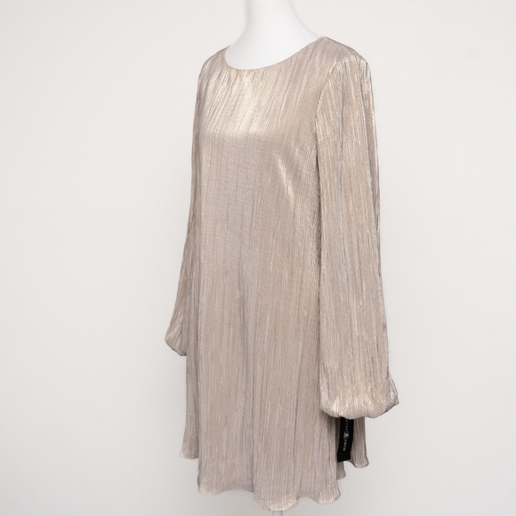 Betsy & Adam  - Gold Metallic Pleated Long-Sleeve Mini Dress - Picture 12 of 13